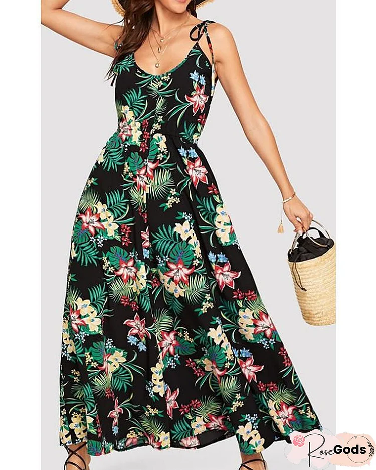 Women's Strap Dress Maxi Long Dress Sleeveless Floral Print Spring Summer Casual Green Black Dresses