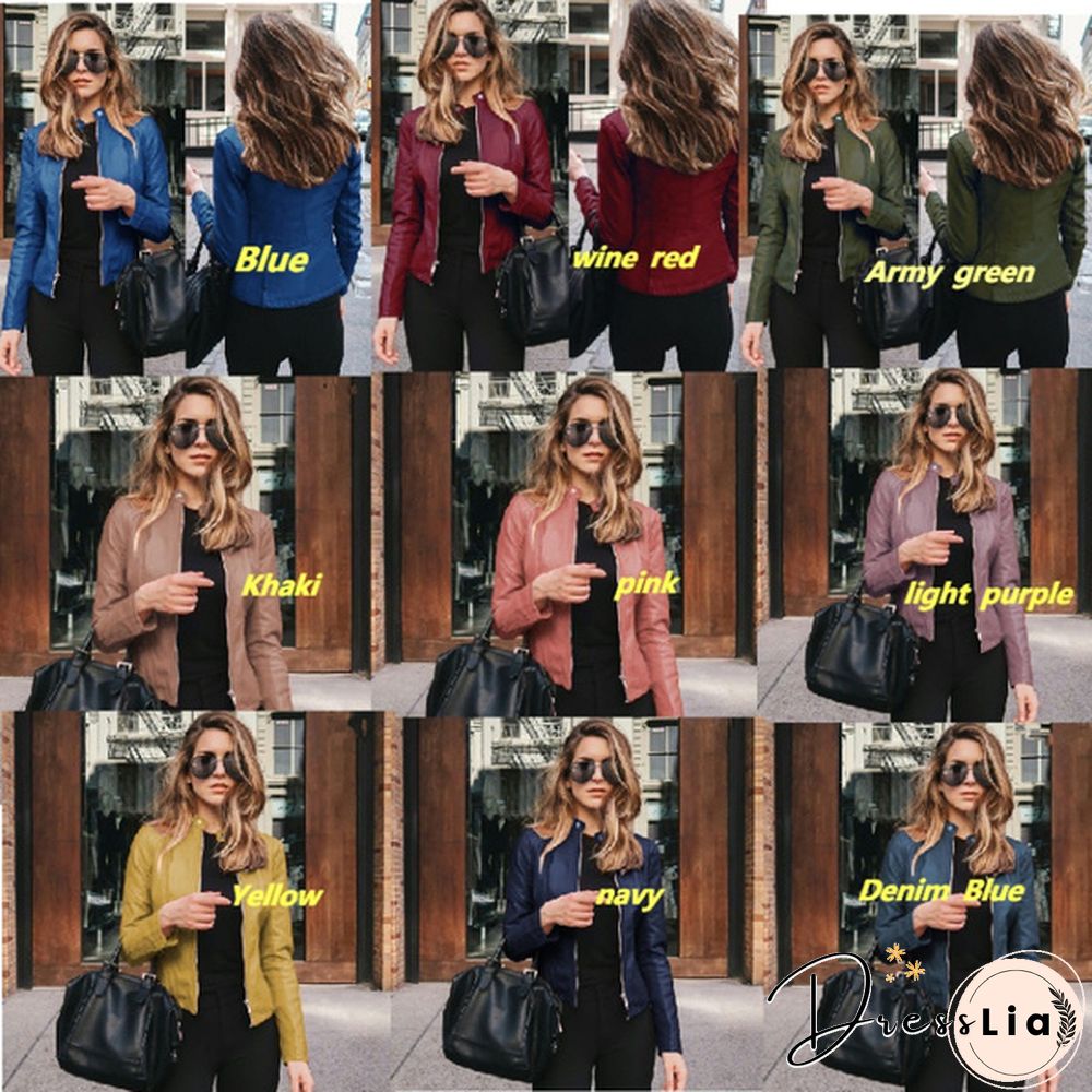 Women Spring Zipper Casual PU Leather Soft Motorcycle Leather Jacket Coat