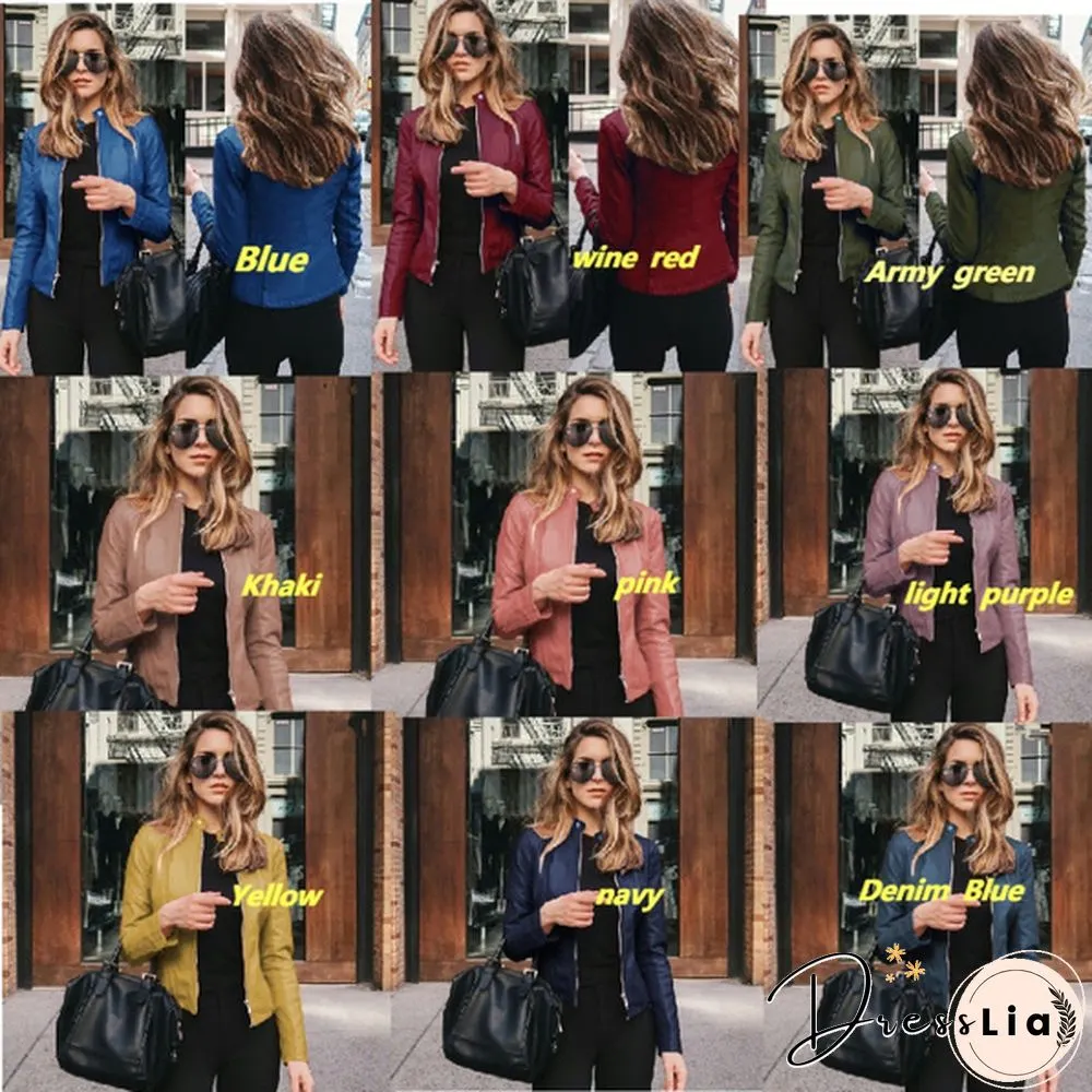Women Spring Zipper Casual PU Leather Soft Motorcycle Leather Jacket Coat