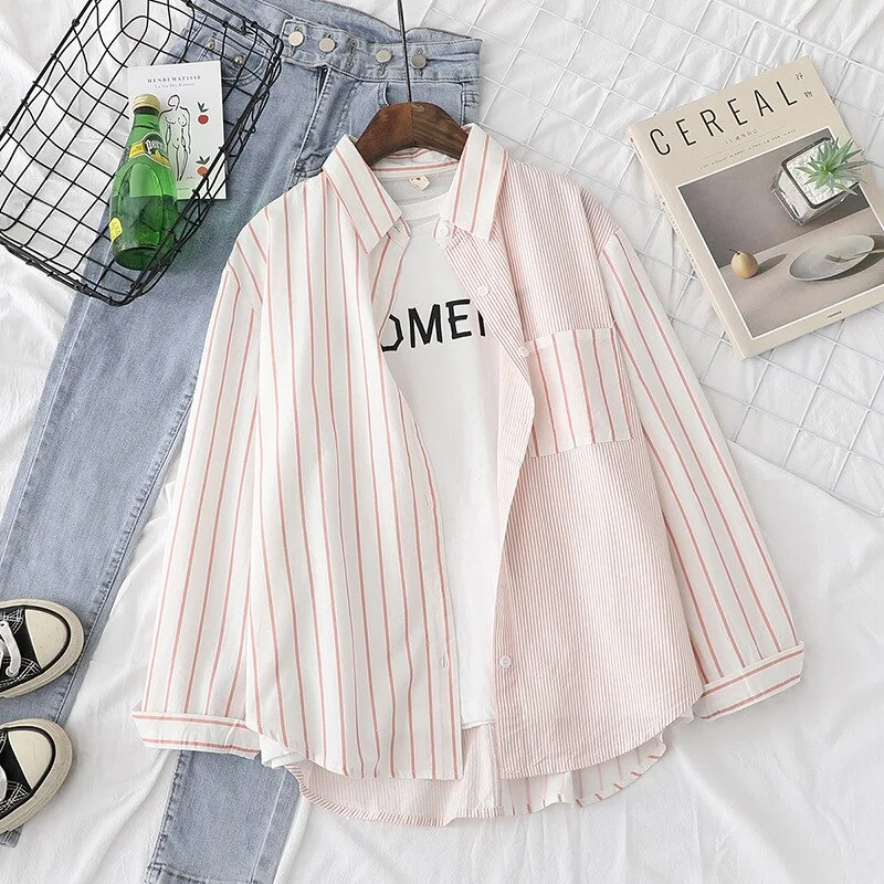 Striped Shirts Womens Blouses Loose Cotton Ladies Long Sleeve Patchwork Female Tops Blusas Clothes Autumn News Lazy Style