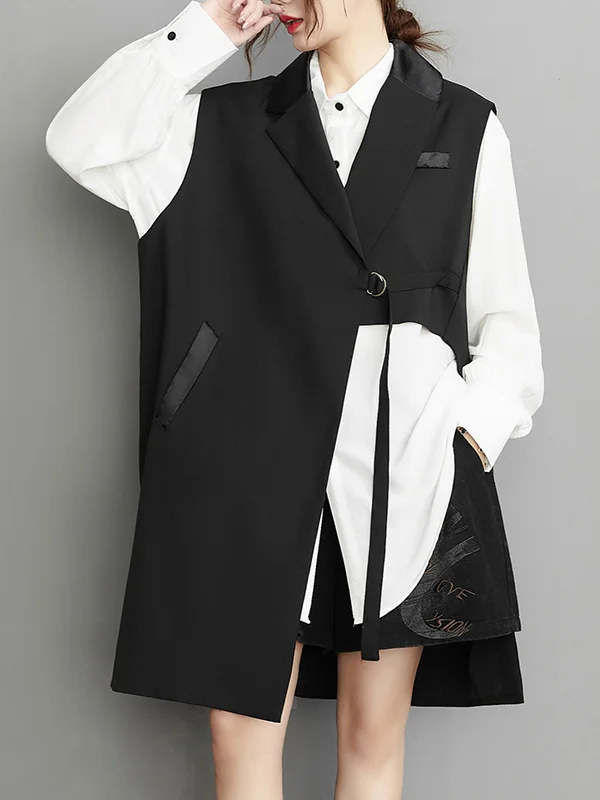 Tied Pockets Asymmetric Sleeveless Notched Collar Vest Outerwear