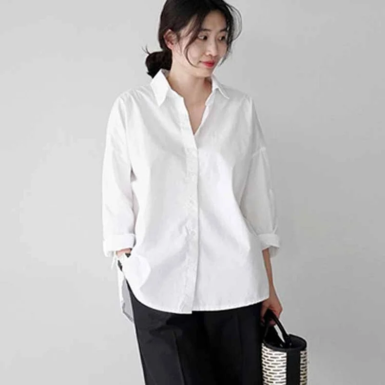 Office Lady Cotton White Blouse Women 2022 Long Sleeve Loose Women Shirts Casual Loose Button Shirt Tops Female Clothing 12650