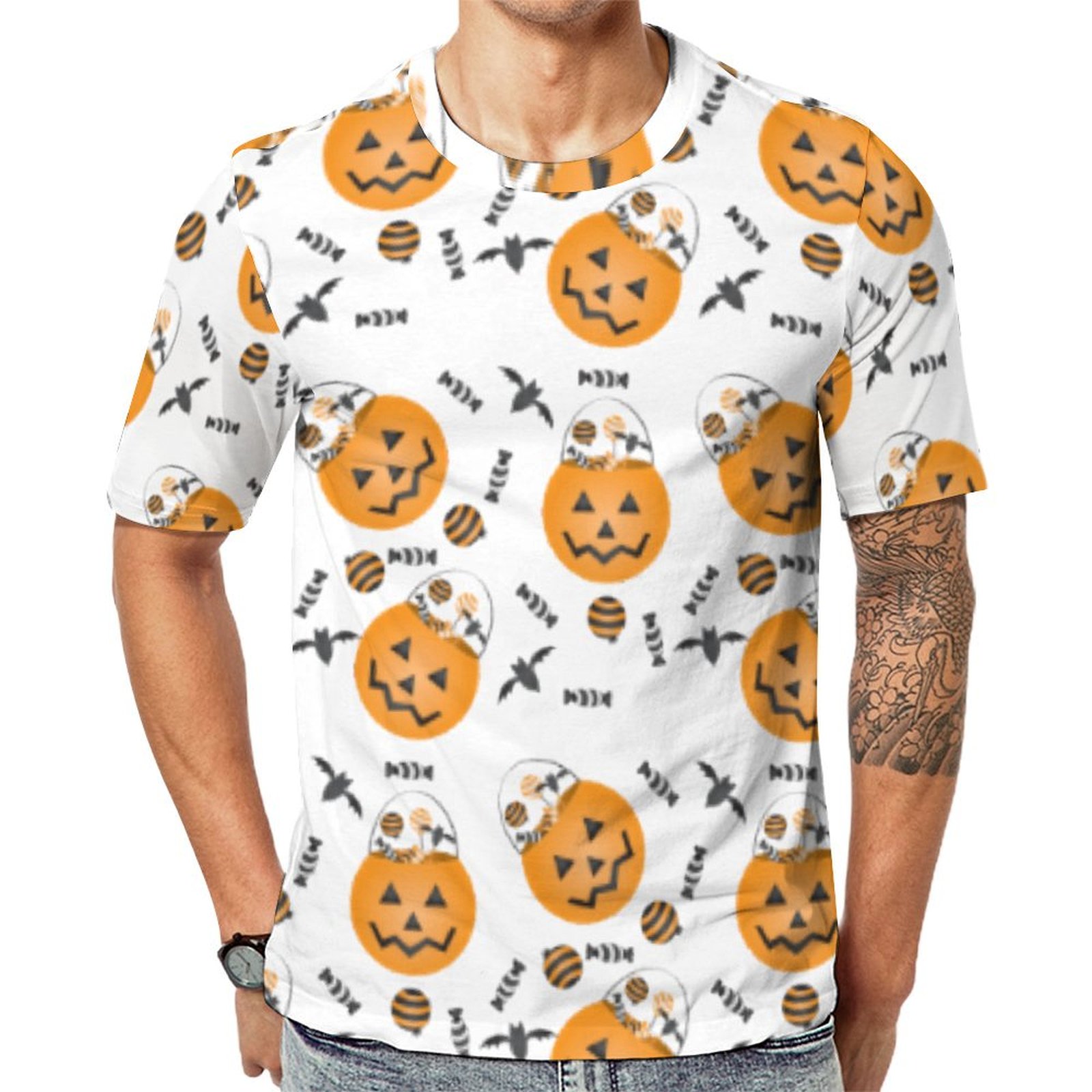 Jack O Lantern Halloween Pumpkin Candy Bucket Short Sleeve Print Unisex Tshirt Summer Casual Tees for Men and Women Coolcoshirts