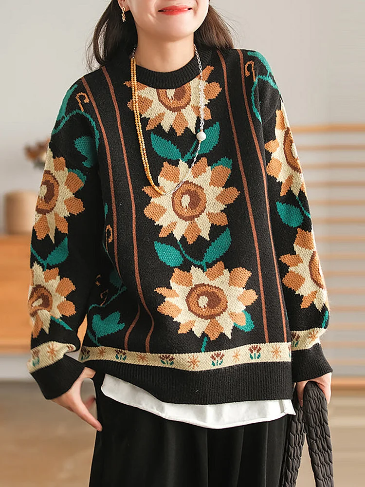 Women Floral Knitted O Neck Long Sleeve Sweater