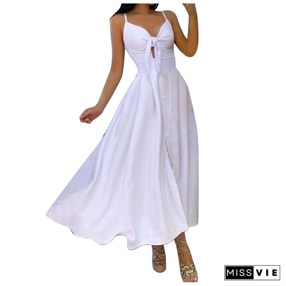 Women Fashion V-neck Tie Waist Floral Sling Dress