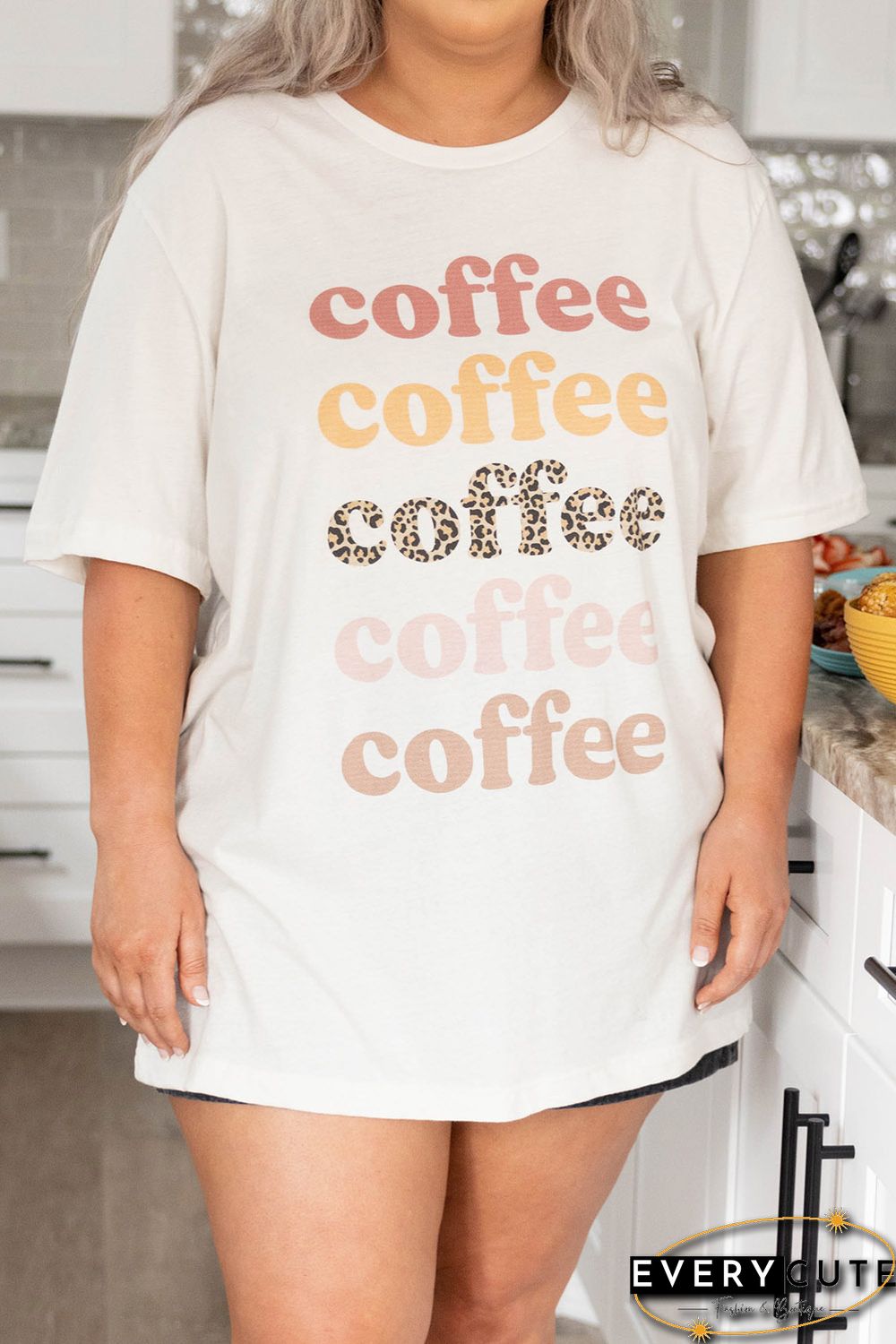 Beige Coffee Letter Print Vintage Plus Size T-shirts