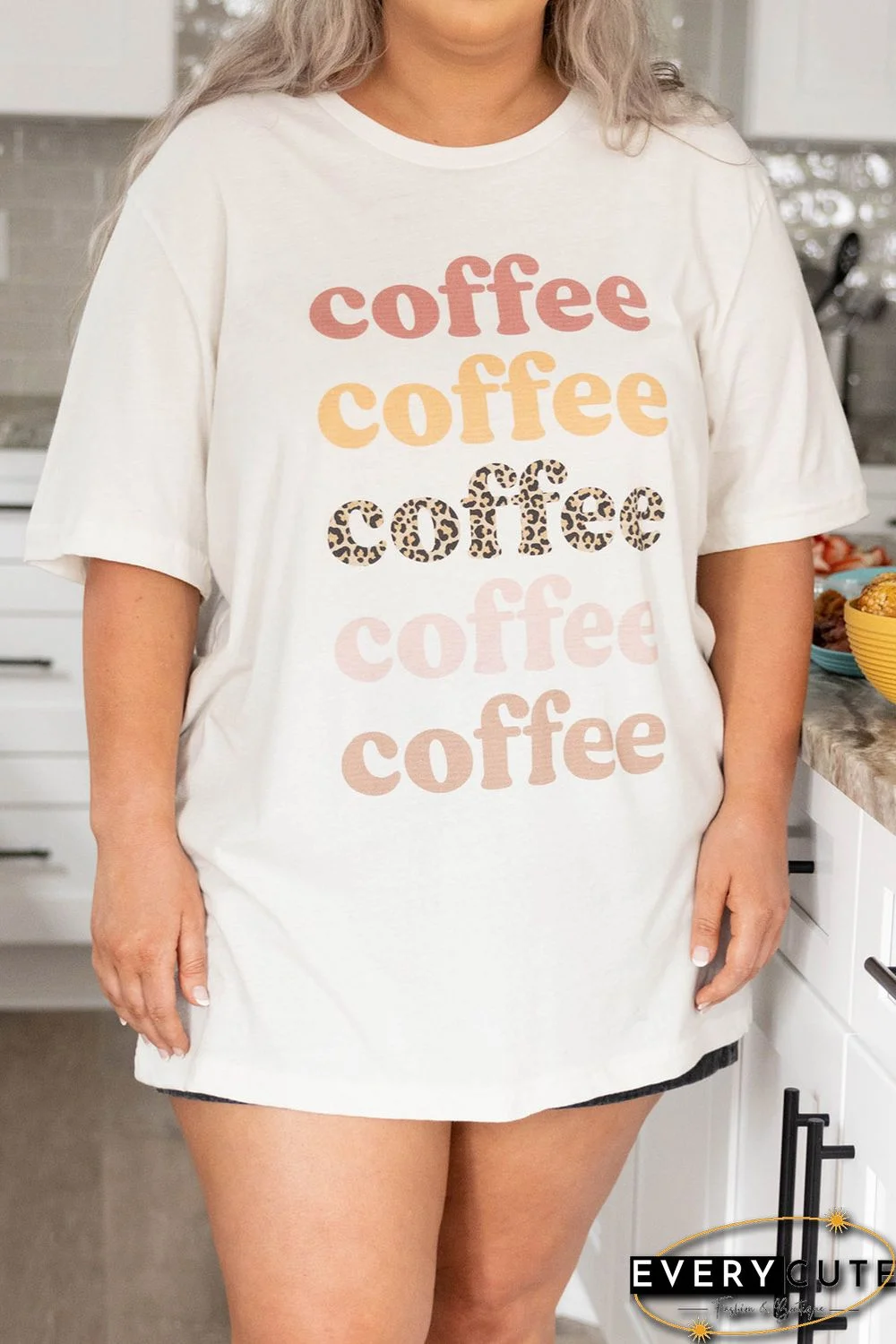 Beige Coffee Letter Print Vintage Plus Size T-shirts