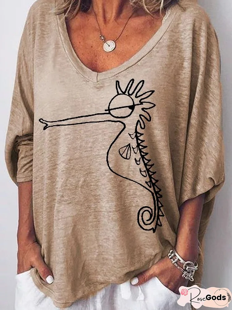 3/4 Sleeve V Neck Casual Seahorse Top