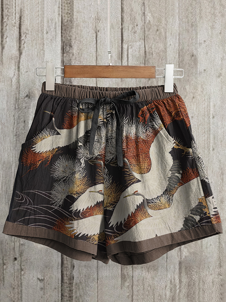 Comstylish Women's Crane Japanese Art Loose Casual Short Pants