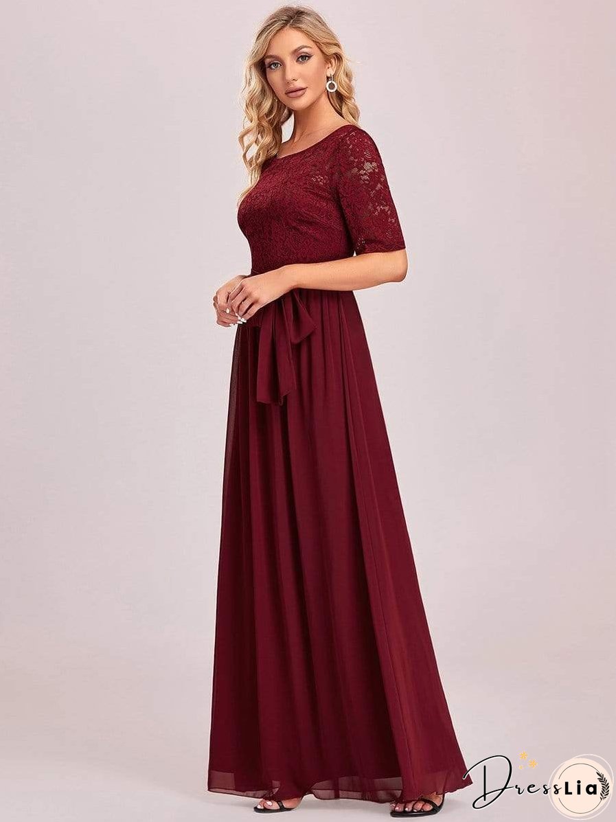 Sophisticated Lace Bodice Chiffon Maxi Evening Gown with Belt for Elegant Occasions