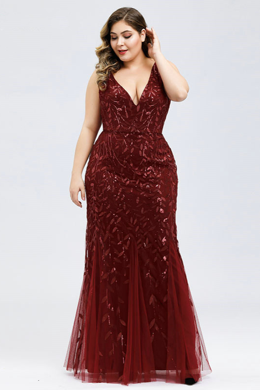 burgundy sequins v-neck sleeveless mermaid plus size prom dress