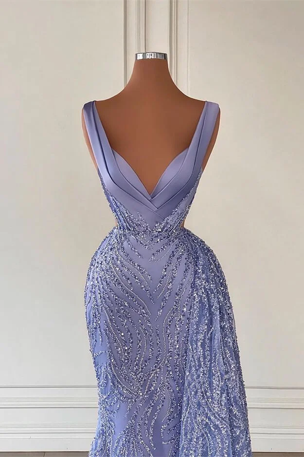 Vintage Navy Blue Glittering Beaded V-neck Mermaid Prom Dress Evening Dress DP6358