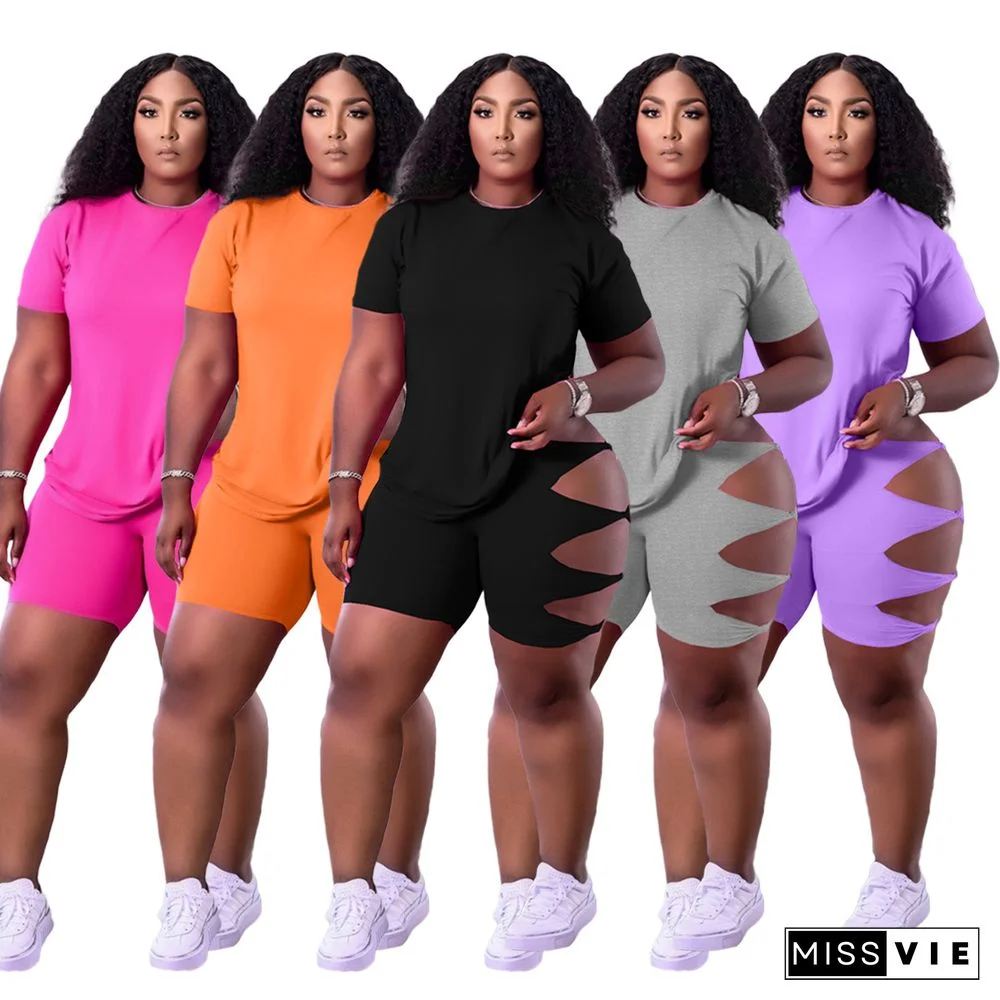 Fashing Solid Women Clothing Round Neck Short Sleeve T Shirt Bodycon Hole Biker Shorts Two Piece Outfit