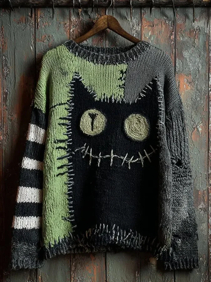 Women's Halloween Cat Contrast Print Knitted Sweater 