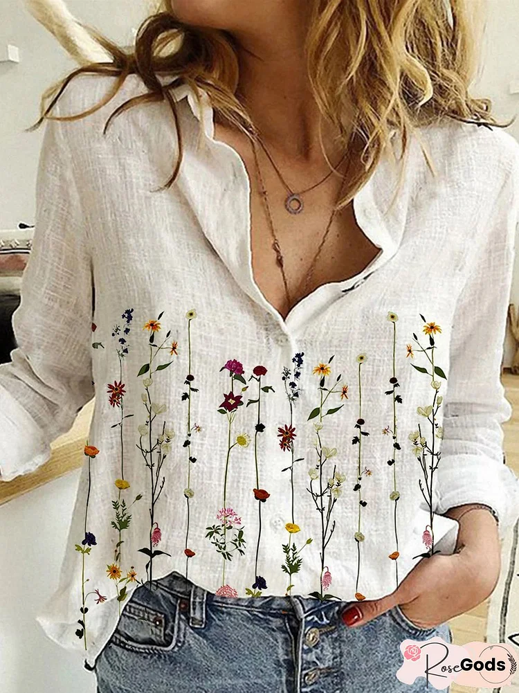 Long Sleeve Printed Cotton-Blend Blouse