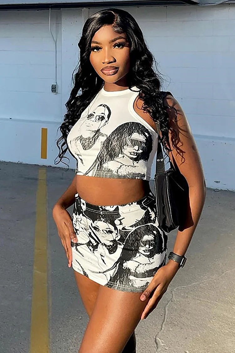 Portraits Print Crop Tank Top Bodycon Mini Skirt 2pcs Set-White