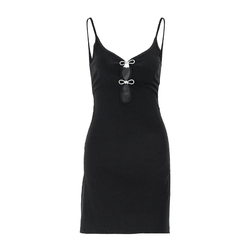 Brownm Brownm Summer New Pure Desire Wind Sexy Back V-Collar Hollow Out Bowknot Splicing Dress Female