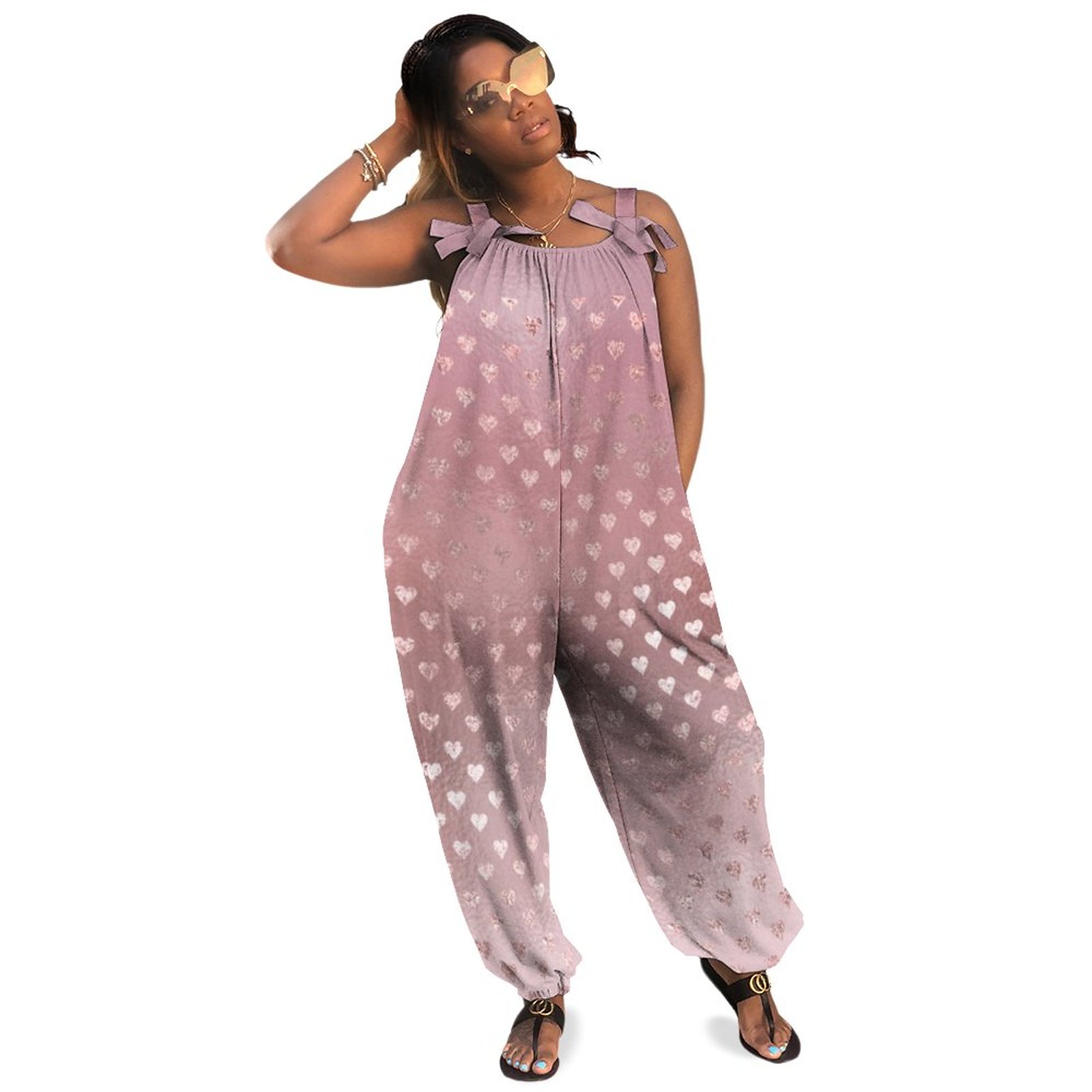 Glitter Blush Small Hearts Pink Rose Gold Sparkly Boho Vintage Loose Overall Corset Jumpsuit Without Top