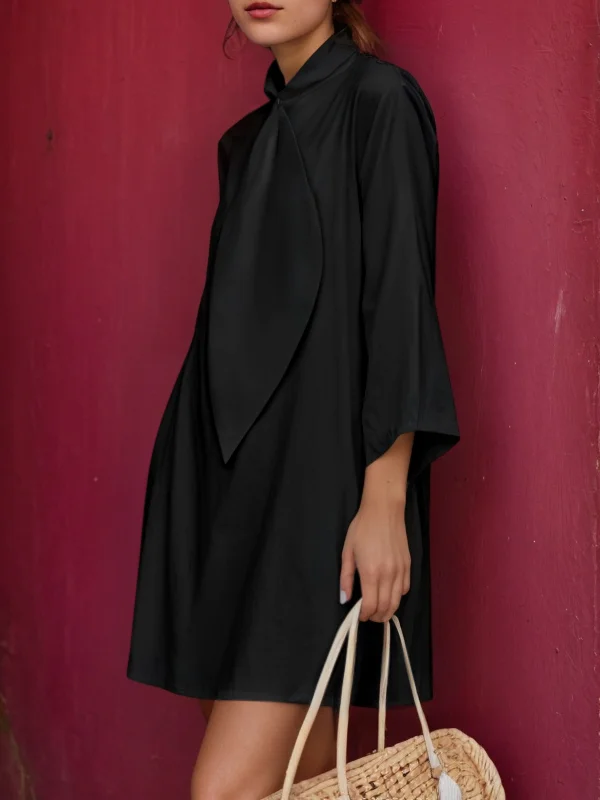 Loose Three-Quarter Sleeves Solid Color Stand Collar Mini Dresses Shirt Dress