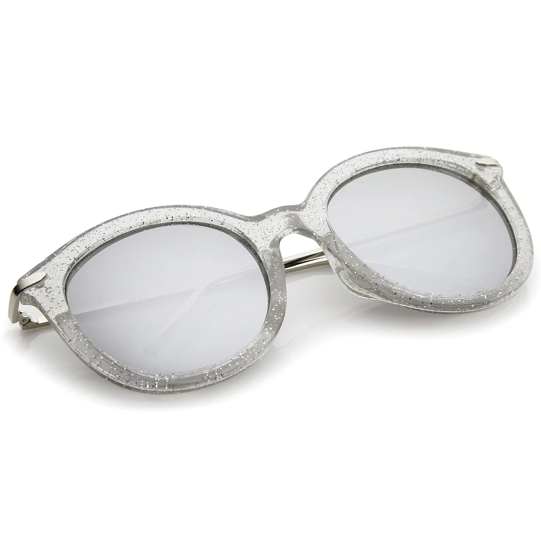 Women's Transparent Glitter Frame Ultra Slim Metal Temple Round glasses 56mm