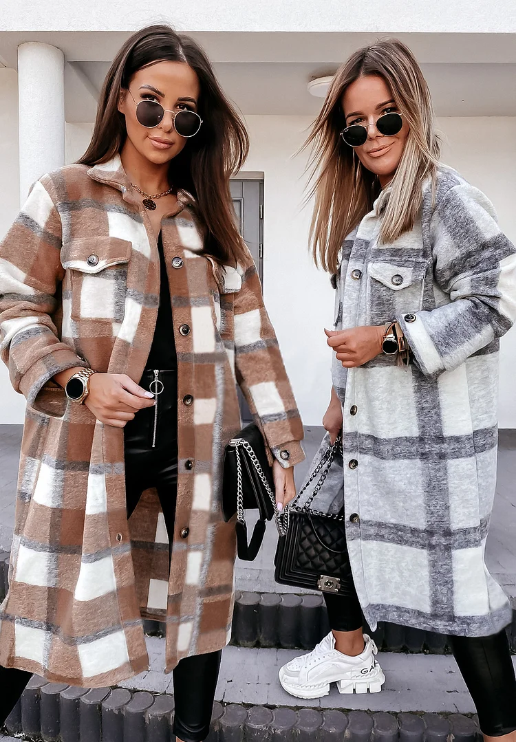 Women's Plaid Coat Single-Breasted Pocket Casual Long Coat for Women