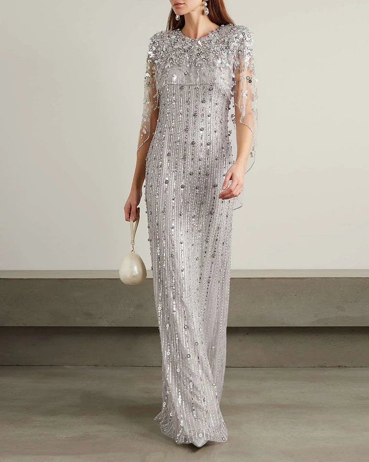 Cape-Effect Embellished Sequined Tulle Gown