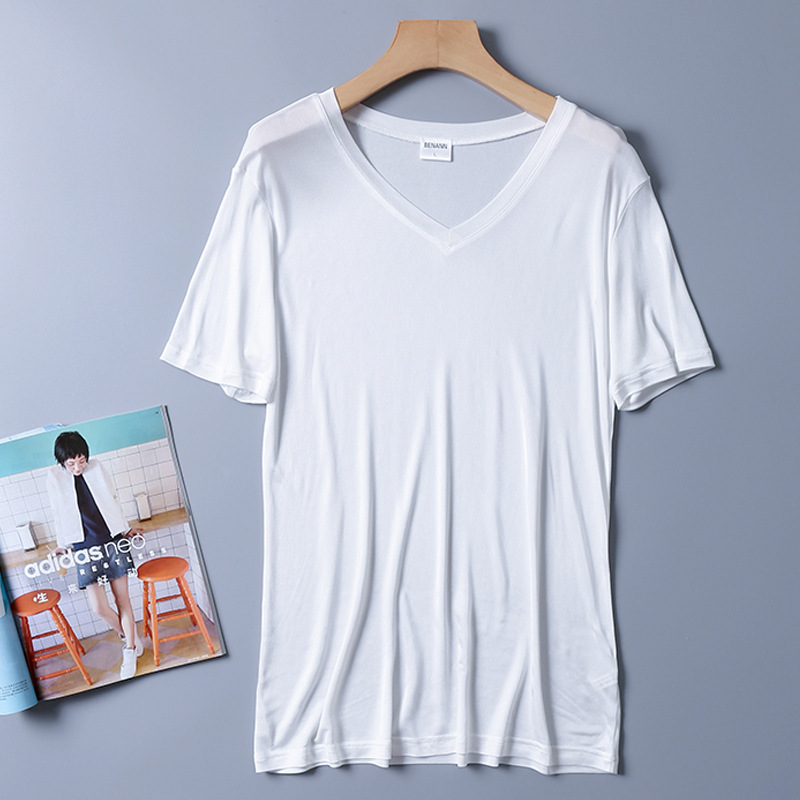Silk T-shirt Thin Men's V Neck Style White