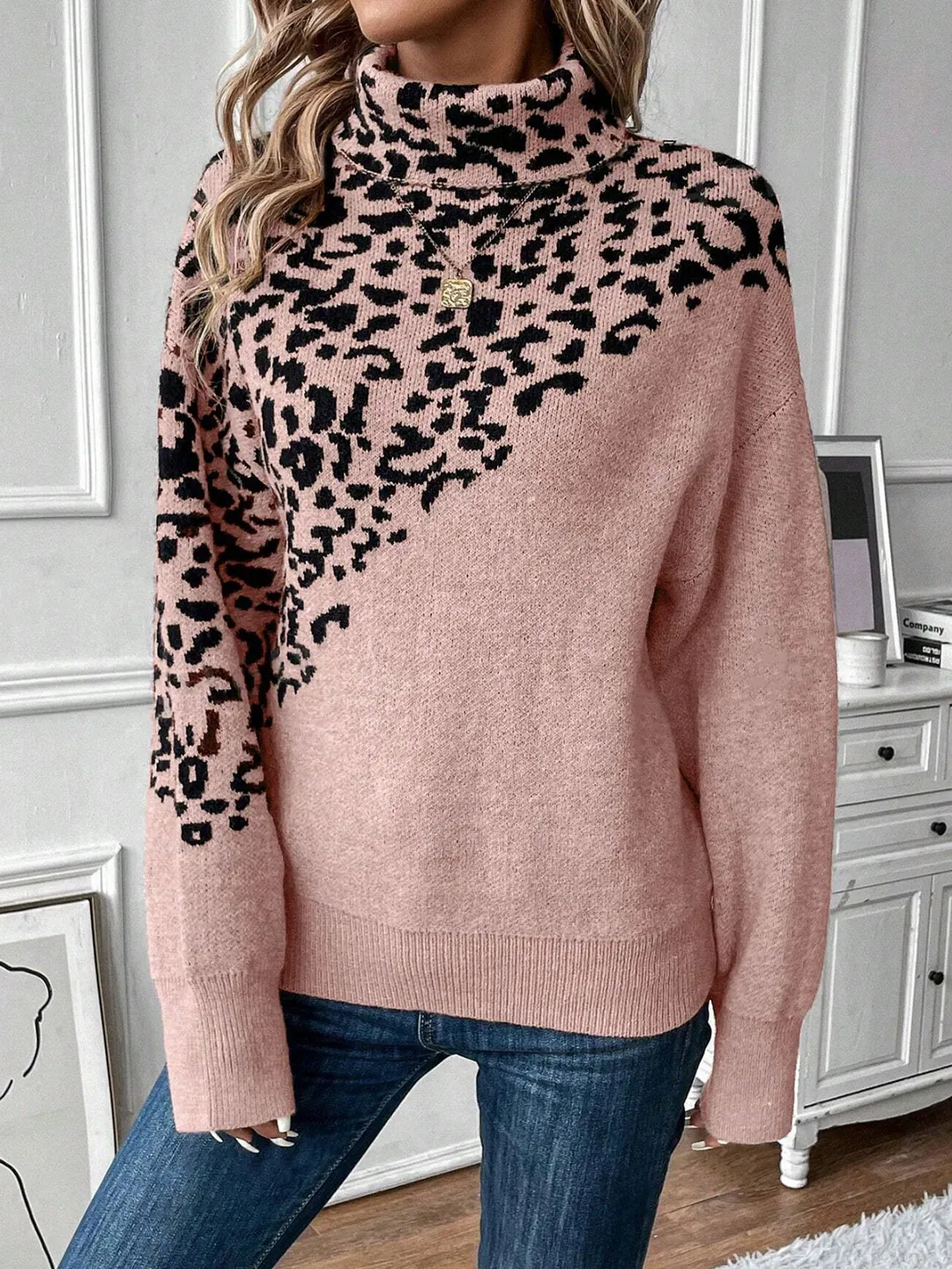 Nigikala Nigikala And Winter New Jacket Sweater High-Necked Leopard Long-Sleeved Loose Fashion Casual Knitwear