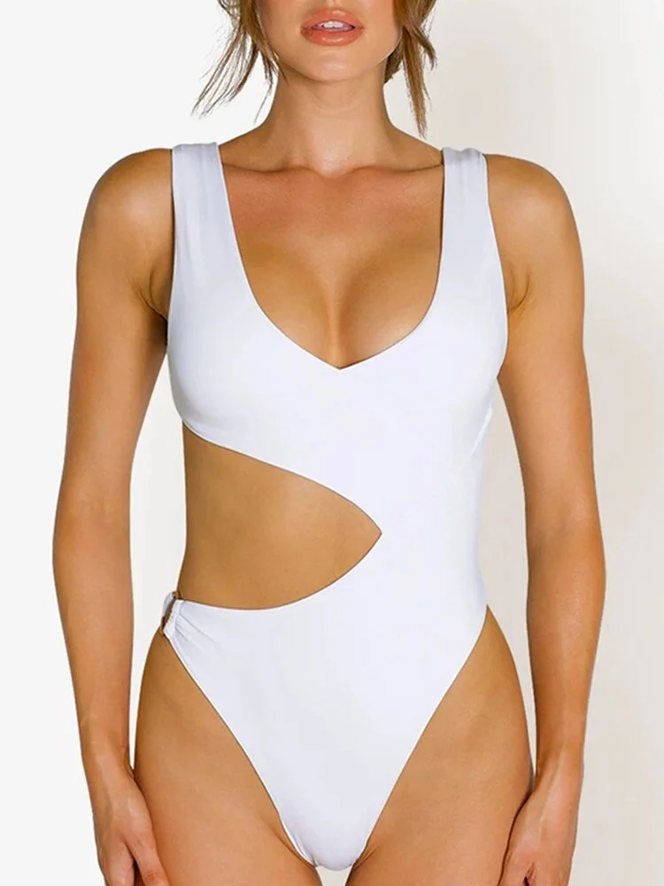 Peachtan Solid White Swimsuit One Piece V Neck Swimwear Women Hollow Out Bodysuits Monokini High Cut Bathers Bathing Suit New
