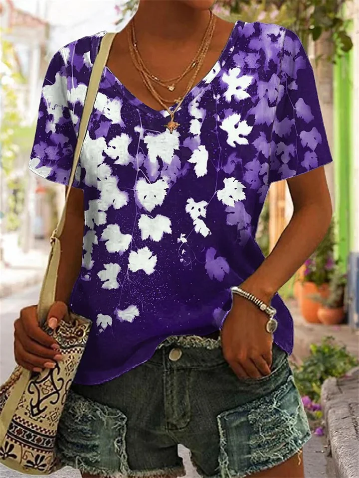 New Women's Summer Trend Loose Type T-shirt Digital Printing Fashion V-neck Short-sleeved Temperament Commuter Tops