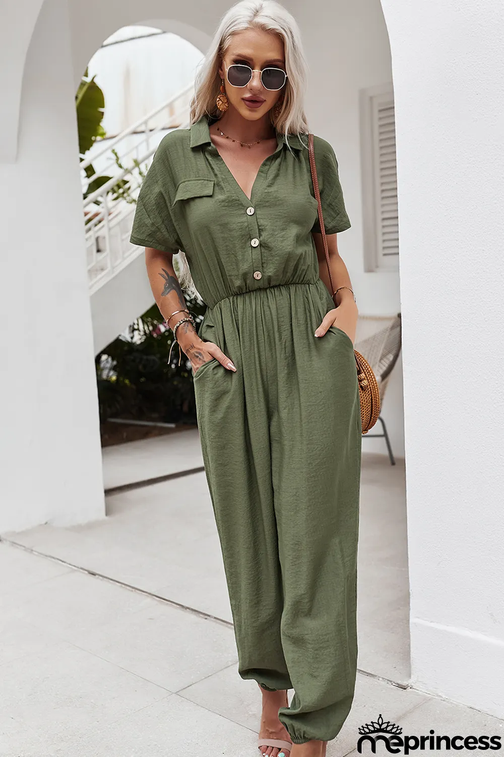 Summer Casual Solid Button Up Loose Jumpsuit