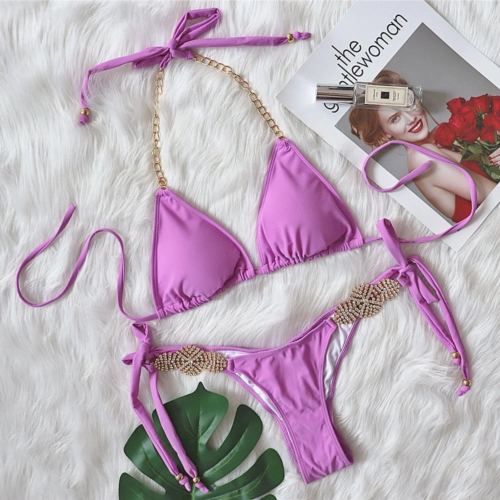 Uveng Uveng New Luxury Rhinestone Bikini Solid Color Sexy Strap On Swimsuit Vacation Swimsuit