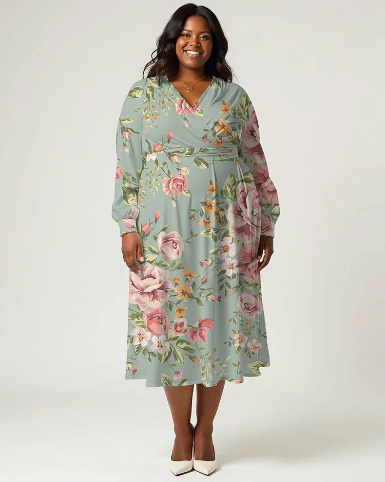 Plus Size Elegant Floral Print Wrap Midi Dress