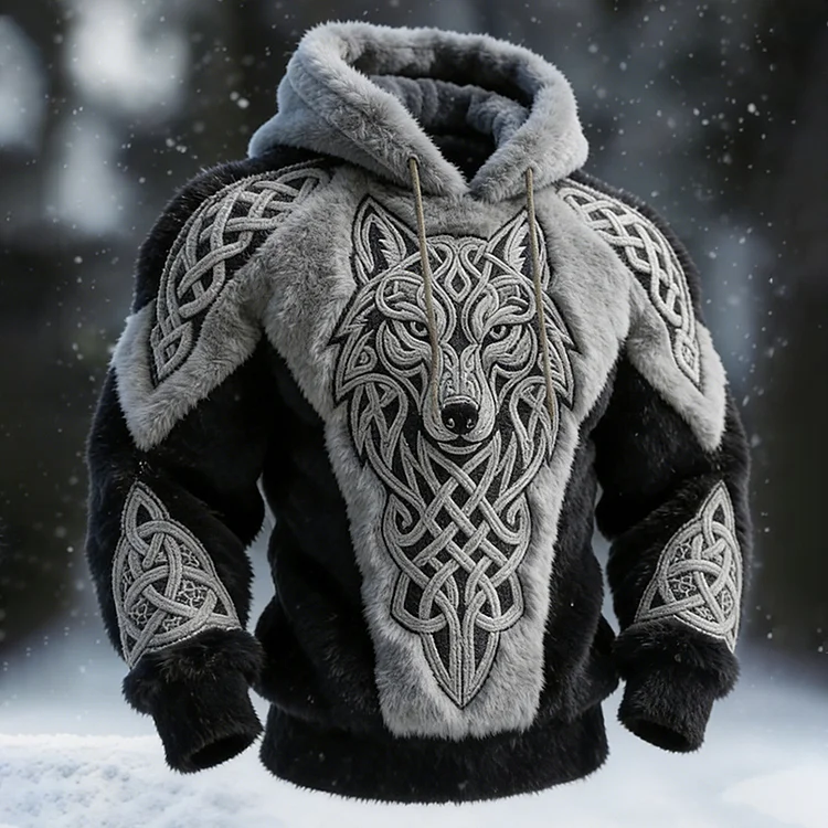 Men's Vintage Viking Celtic Knot Wolf Head Art Plush Hoodie