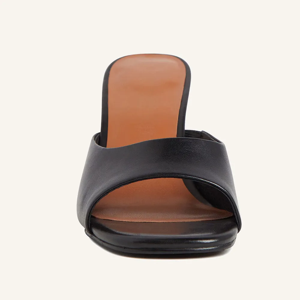 Black Vegan Leather Open Square Toe Chunky Heel Slide Sandals