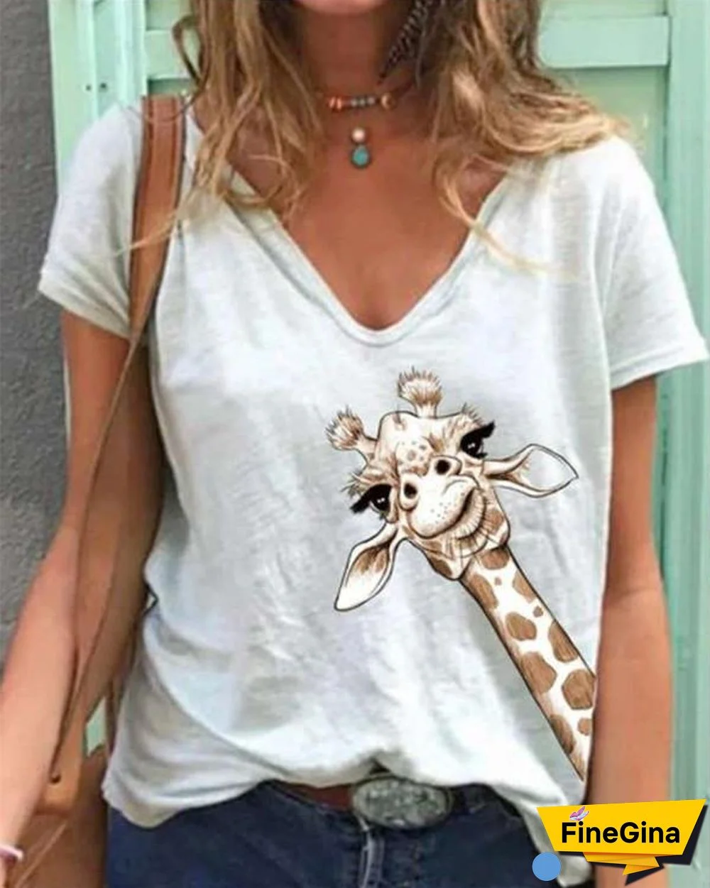 Women Simple Printed V Neck Short Sleeve Tops Shirt