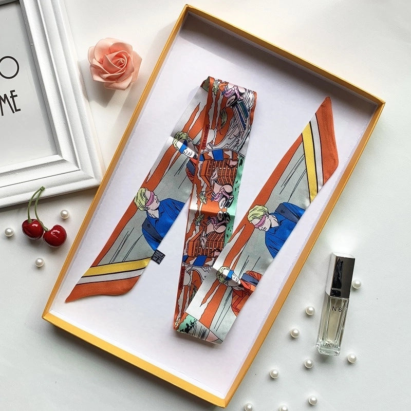 Women’s Minimalist Classic Style Color Block Satin Printing Silk Scarf