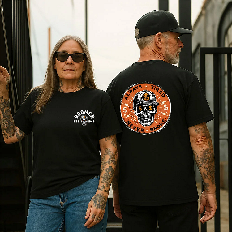 ALWAYS TIRED NEVER BROKE Skull Print Men's T-Shirt, Boomer Custom Year Of Birth T shirt, Cotton Tee Shirt Casual Streetwear