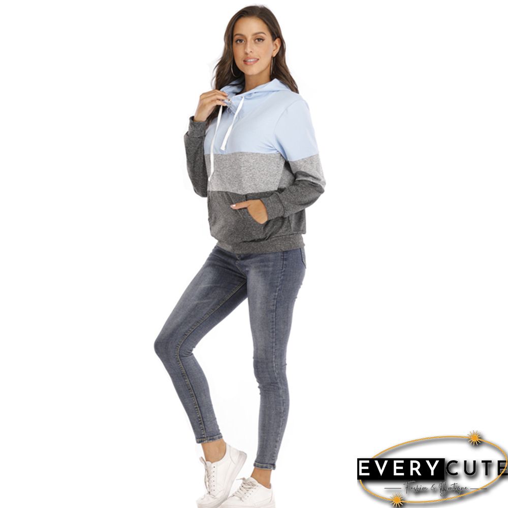 Light Blue Color Block Drawstring Hoodie