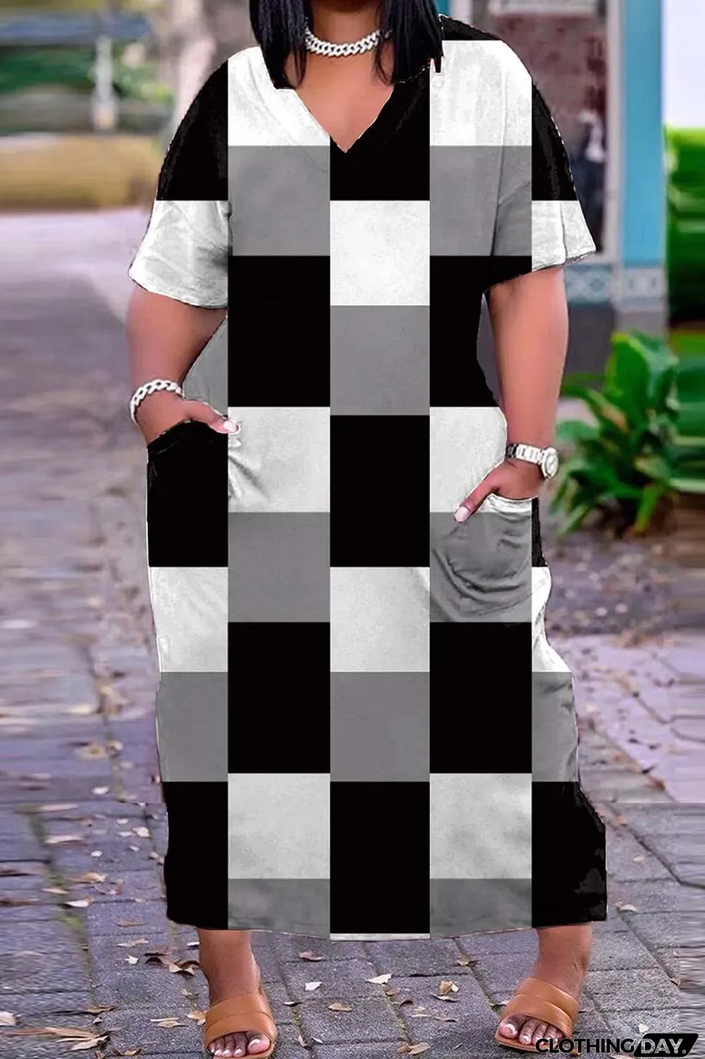 Blue Casual Print Basic V Neck Short Sleeve Dress Dresses