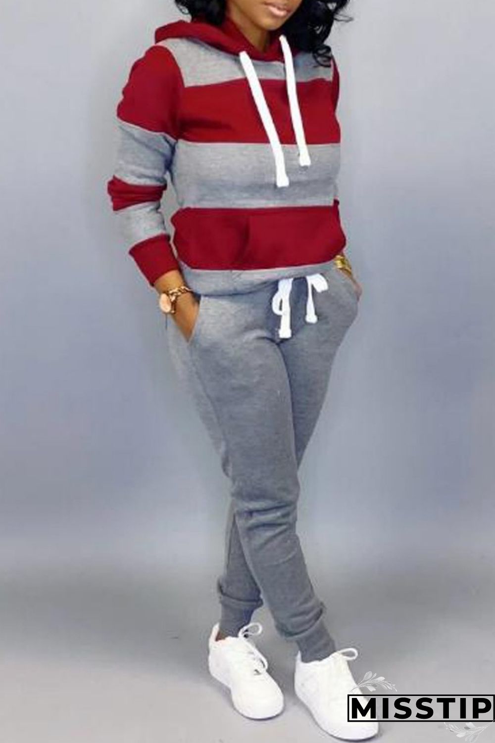 Black White Casual Striped Patchwork Hooded Collar Long Sleeve Two Pieces