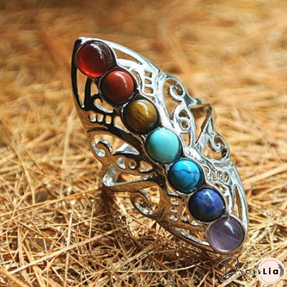 Silver Plated 7 Chakra Healing Hollow Thumb Reiki Natural Stones Adjustable Ring