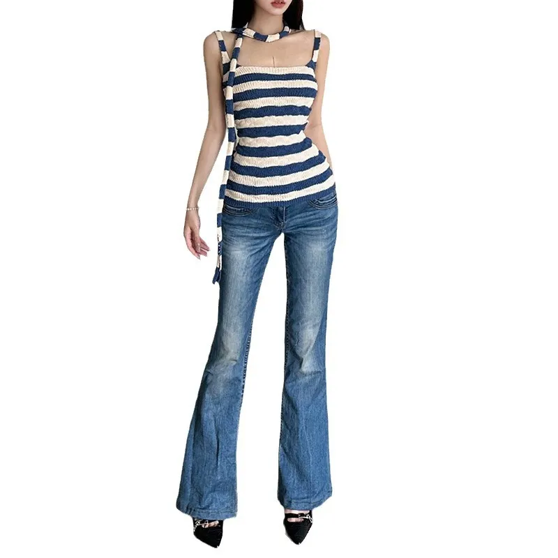 Churchf 2024 Summer New Women's Pure-Want Wind Collar With Hanging Neck Repair Knitted Striped Long Vest