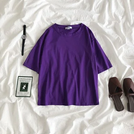 Summer Tee Shirt Solid Color Basic T-Shirt Women Casual O-neck Harajuku Top Korean Hipster Cotton Basic Tshirt