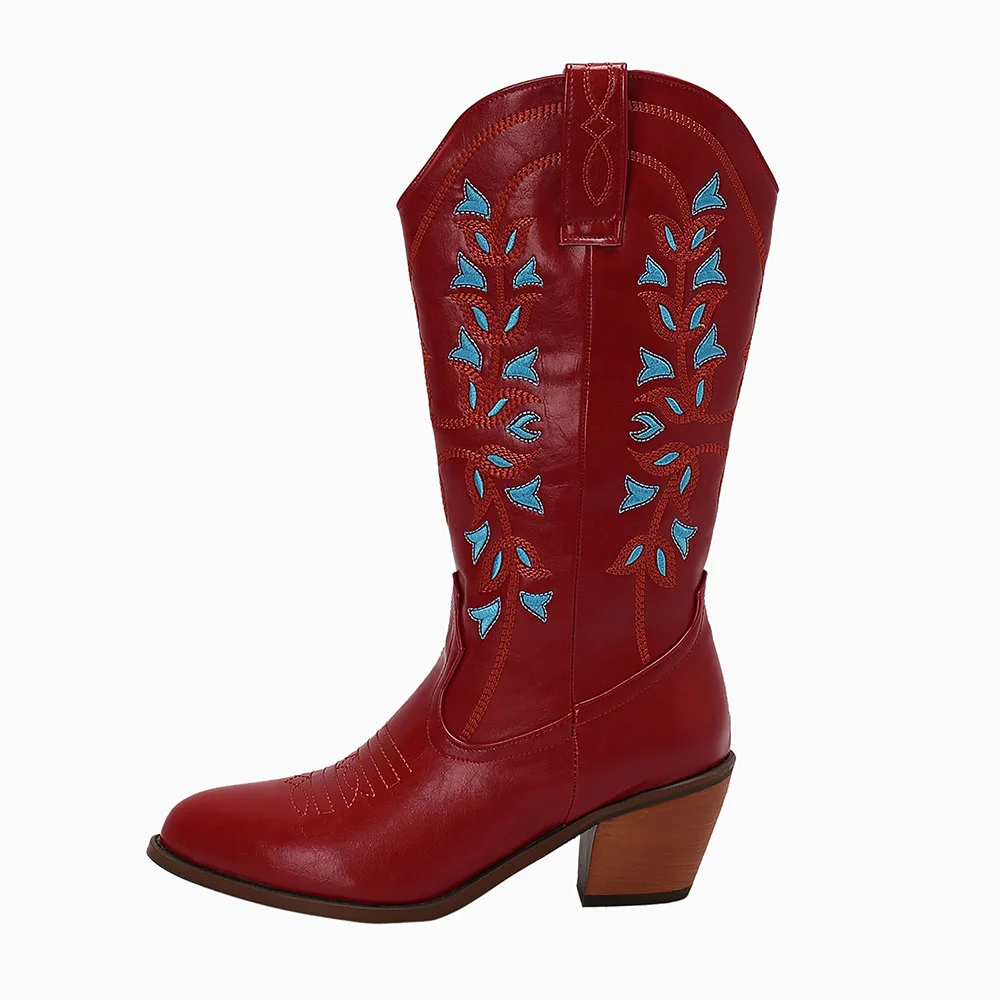 Maroon Round Toe Chunky Heel Embroidered Western Boots for Women