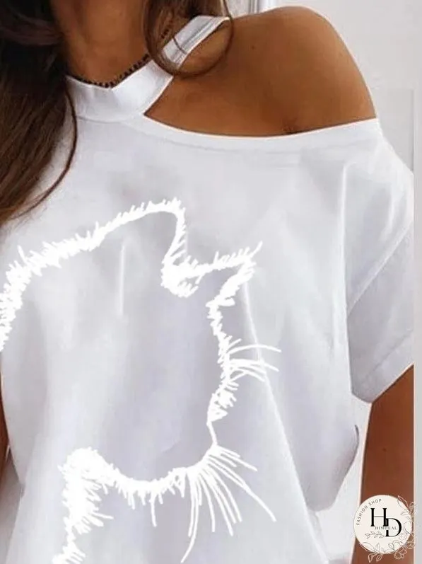 Cat Print Off The Shoulder Casual T-shirt for Women