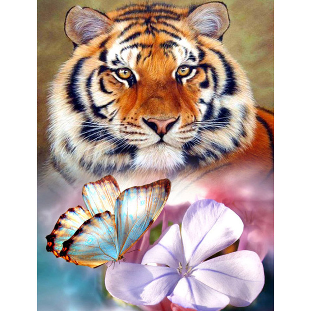 

30*40CM - Round Drill Diamond Painting - Tiger and Butterfly Flower, 501 Original