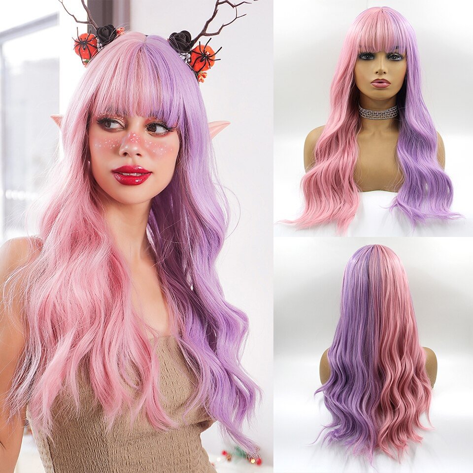 Cosplay Halloween Wig Long Wave Half Purple Half Pink Synthetic Hair Wigs with Bangs Lolita Christmas Party Heat Resistant Wigs US Mall Lifes