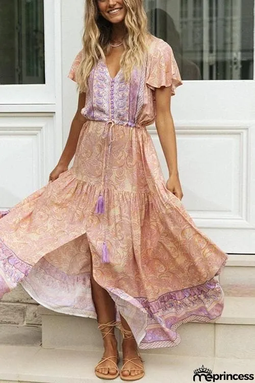 Boho Print Button Tassesl Maxi Dress
