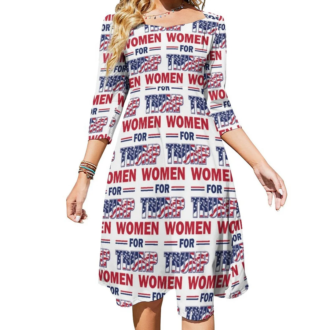 Women For Trump Keep America Great Dress Sweetheart Tie Back Flared 3/4 Sleeve Midi Dresses